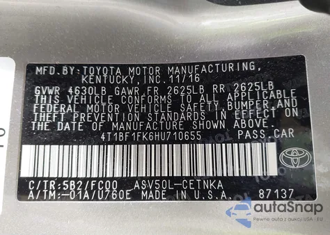 2017 Toyota Camry Le из США, поврежденный, VIN 4T1BF1FK6HU710655